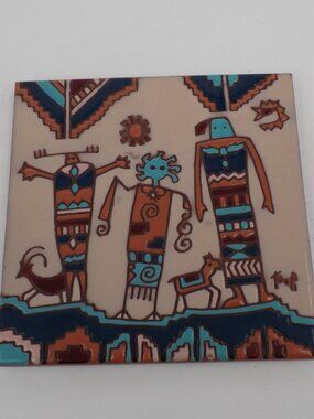 Petroglyph Trivet Earthtones Ceramic Tile Southwest Vtg Arizona Decorative 5.75"